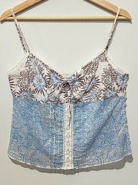 Vintage Y2K Guess Camisole Top Blue Paisley Brown Floral Lace Babydoll Cotton